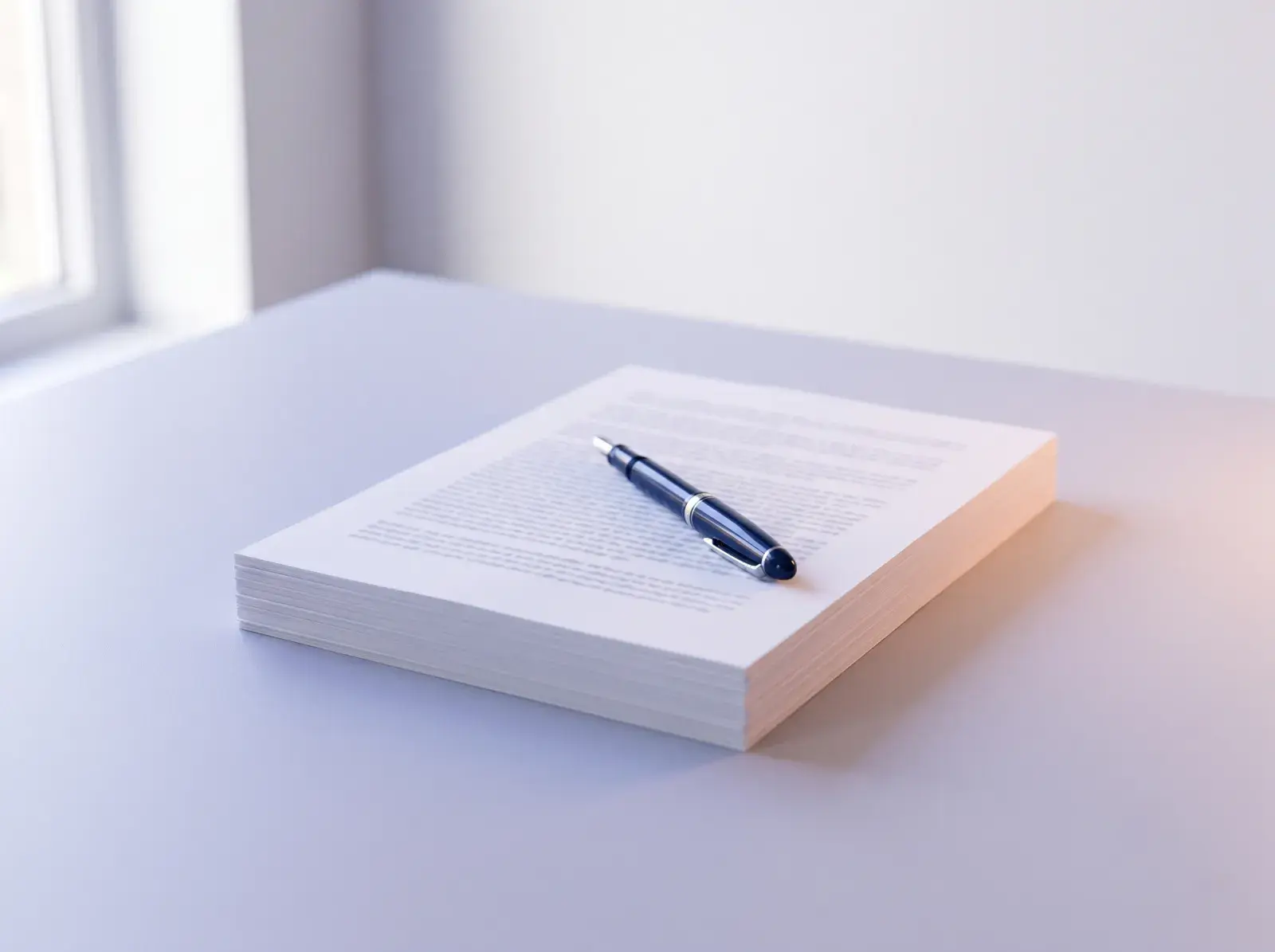 A stack of translated pages with a pen on top