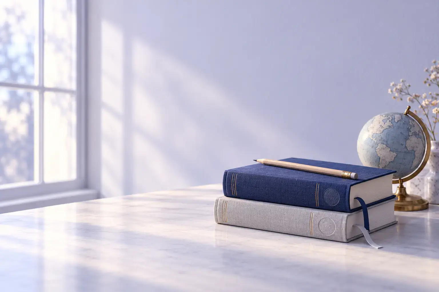 Two bilingual dictionaries and a small desk globe by a window